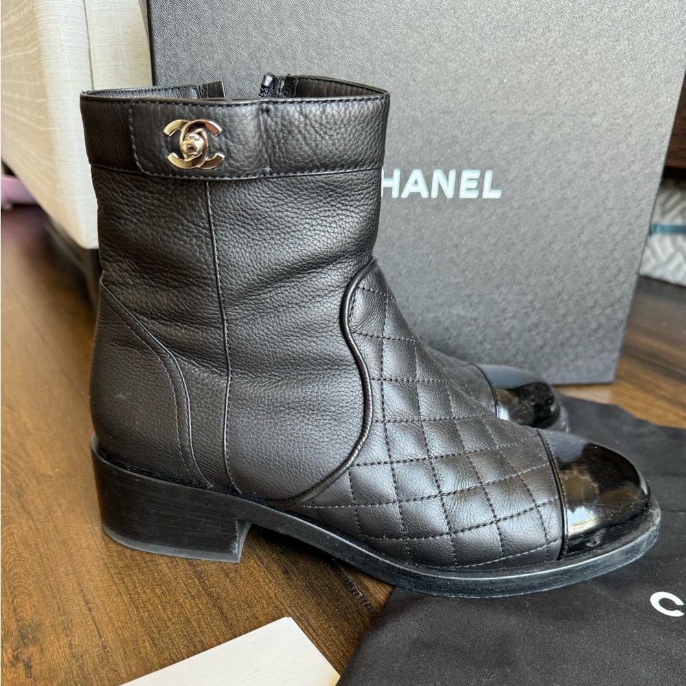 CHANEL Black Leather Ankle Boots
